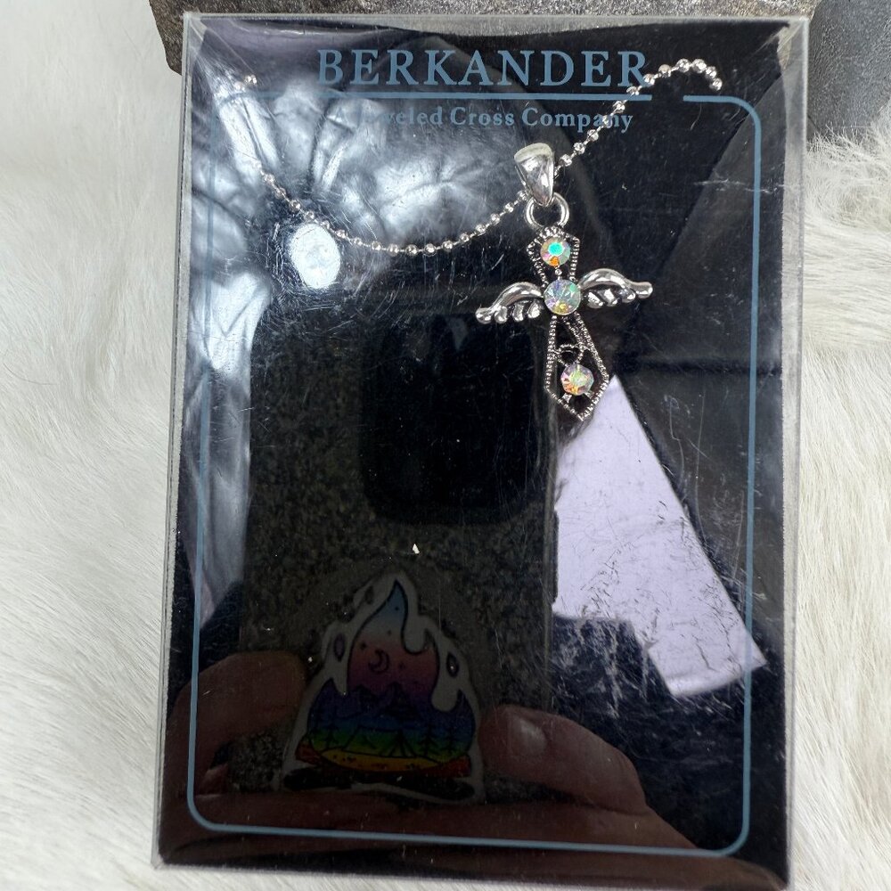Berkander Silver Tone Rhinestone Cross w/ Wings Necklace 16" IN BOX